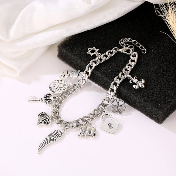 3/$35 Multi Charms Silver Chain Bracelet Chunky Heart Key Wings Flower Jewelry - Picture 6 of 7